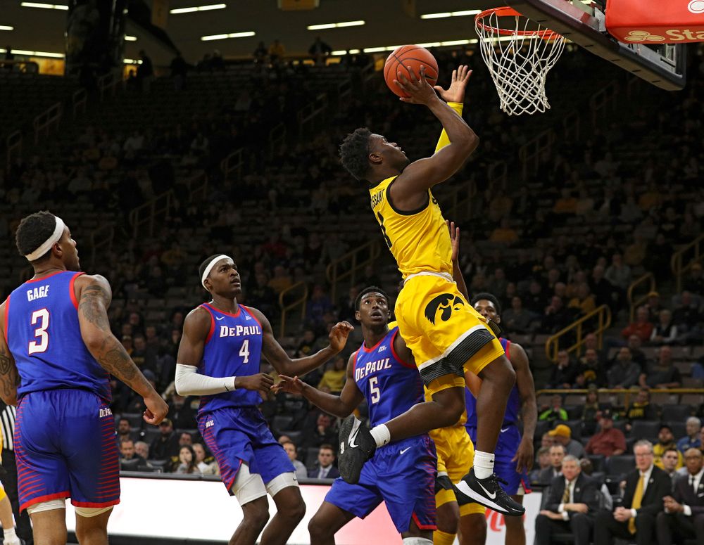 Iowa Hawkeyes guard Joe Toussaint (1) scores a basket during the second half of their game at Carver-Hawkeye Arena in Iowa City on Monday, Nov 11, 2019. (Stephen Mally/hawkeyesports.com)