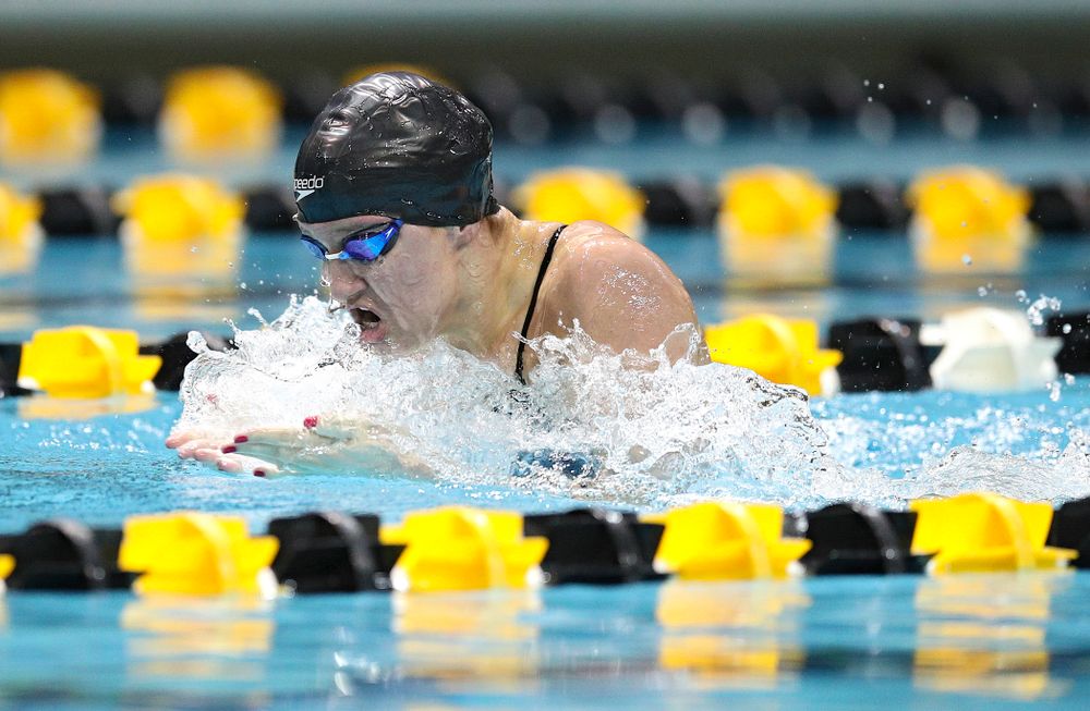 Iowa’s Sage Ohlensehlen swims the breaststroke section in the women’s 400 yard medley relay event during their meet at the Campus Recreation and Wellness Center in Iowa City on Friday, February 7, 2020. (Stephen Mally/hawkeyesports.com)