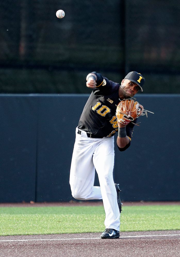 Iowa infielder Lorenzo Elion (1) throws to first base for an out during the third inning of the first game of the Black and Gold Fall World Series at Duane Banks Field in Iowa City on Tuesday, Oct 15, 2019. (Stephen Mally/hawkeyesports.com)