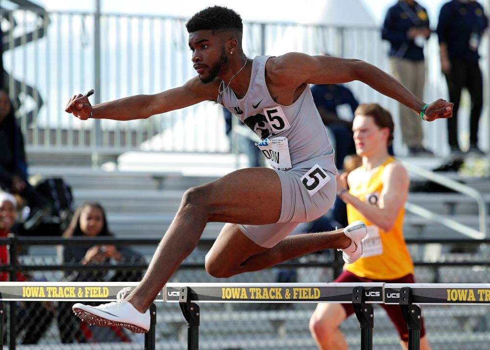Iowa's Raymonte Dow runs the men’s 400 meter hurdles event on the first day of the Big Ten Outdoor Track and Field Championships at Francis X. Cretzmeyer Track in Iowa City on Friday, May. 10, 2019. (Stephen Mally/hawkeyesports.com)