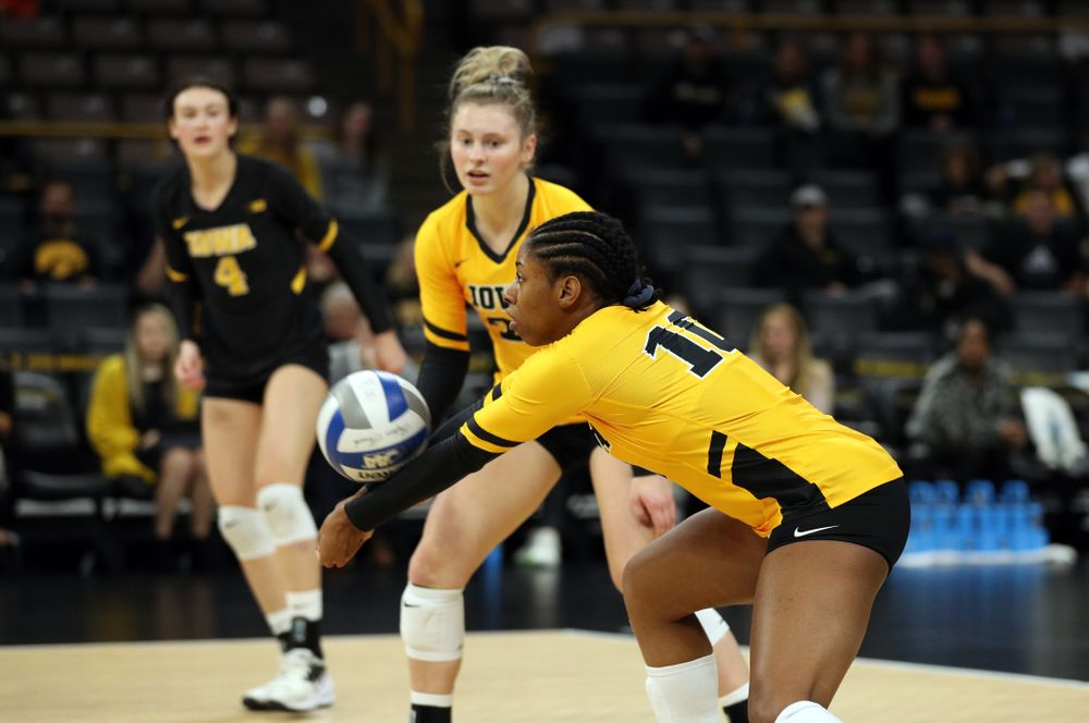 Iowa Hawkeyes outside hitter Griere Hughes (10) against the Rutgers Scarlet Knights Saturday, November 2, 2019 at Carver-Hawkeye Arena. (Brian Ray/hawkeyesports.com)