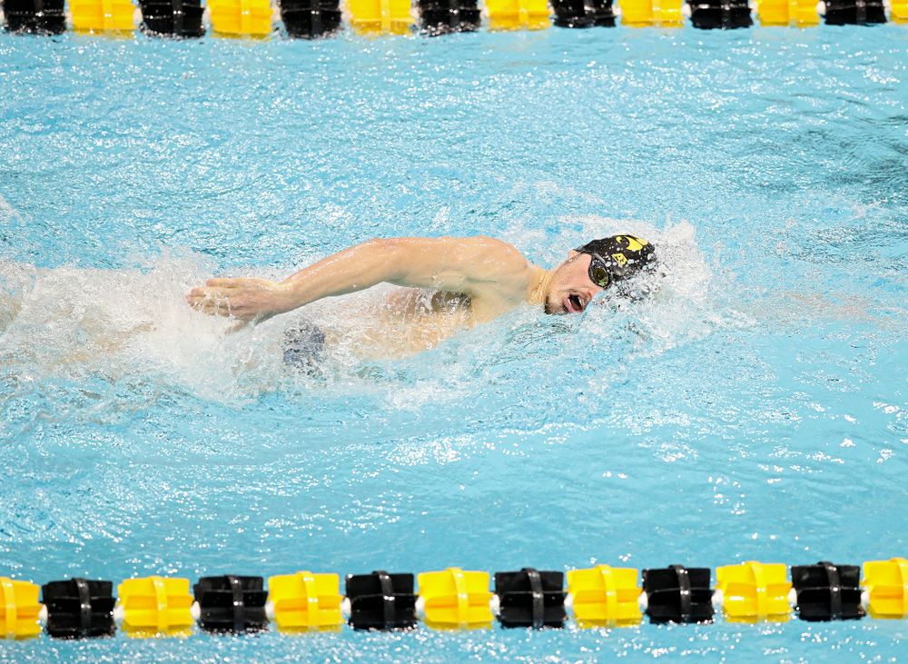 Iowa’s Tom Schab swims the men’s 500 yard freestyle event during their meet at the Campus Recreation and Wellness Center in Iowa City on Friday, February 7, 2020. (Stephen Mally/hawkeyesports.com)