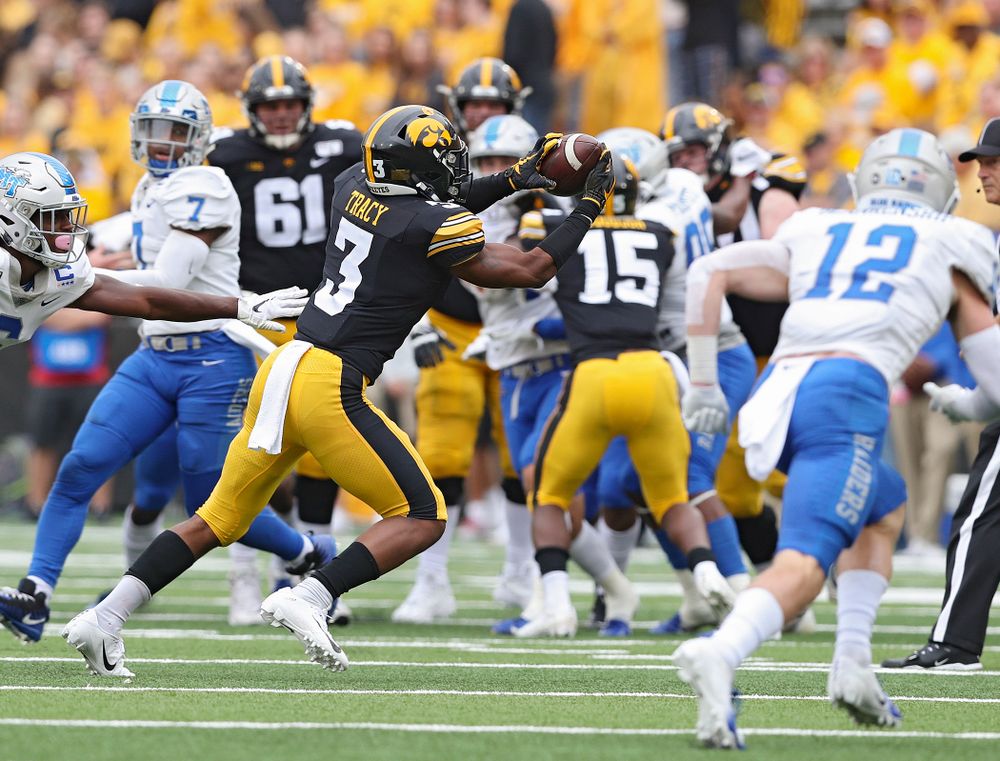 Iowa Hawkeyes wide receiver Tyrone Tracy Jr. (3) pulls in a pass during third quarter of their game at Kinnick Stadium in Iowa City on Saturday, Sep 28, 2019. (Stephen Mally/hawkeyesports.com)