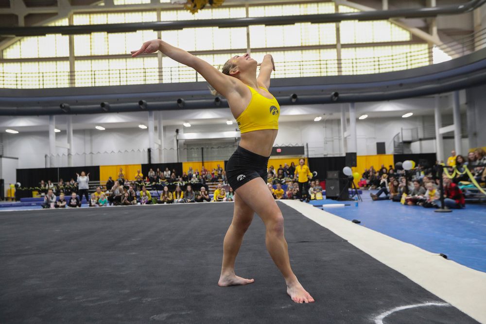 Alex Greenwald performs a floor routine during the Iowa women’s gymnastics Black and Gold Intraquad Meet on Saturday, December 7, 2019 at the UI Field House. (Lily Smith/hawkeyesports.com)