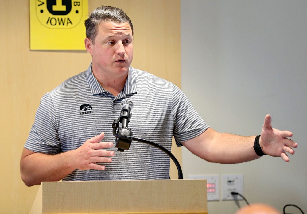 Brian Ferentz, Offensive Coordinator for Iowa Football, speaks during the press conference to discuss FryFEST and announce the 2019 Iowa Athletics Hall of Fame members in the Varsity Club Room at the University of Iowa Athletics Hall of Fame in Iowa City on Tuesday, Jun 11, 2019. (Stephen Mally/hawkeyesports.com)