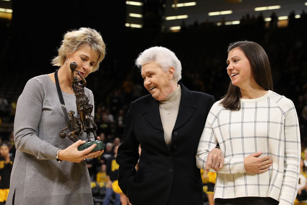 Dr. Christine Grant with Iowa Hawkeyes head coach Lisa Bluder before their game against the Robert Morris Colonials Sunday, December 2, 2018 at Carver-Hawkeye Arena. (Brian Ray/hawkeyesports.com)