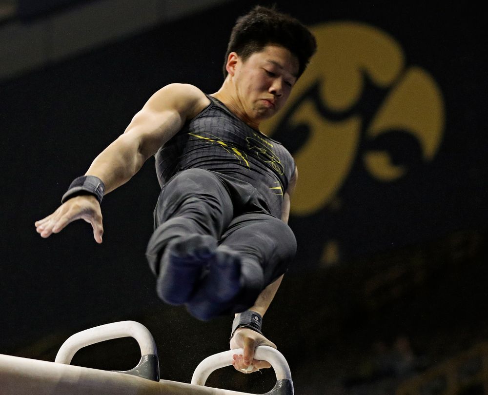 Iowa's Bennet Huang competes in the pommel during the first day of the Big Ten Men's Gymnastics Championships at Carver-Hawkeye Arena in Iowa City on Friday, Apr. 5, 2019. (Stephen Mally/hawkeyesports.com)