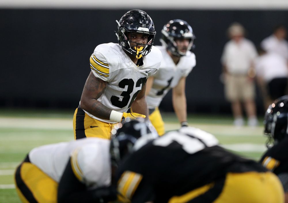 Iowa Hawkeyes linebacker Djimon Colbert (32) during Fall Camp Practice No. 6 Thursday, August 8, 2019 at the Ronald D. and Margaret L. Kenyon Football Practice Facility. (Brian Ray/hawkeyesports.com)