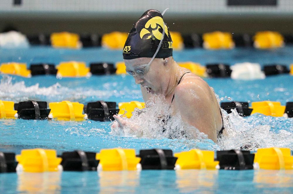 Iowa’s Paige Hanley swims the women’s 200-yard breaststroke event during their meet against Michigan State and Northern Iowa at the Campus Recreation and Wellness Center in Iowa City on Friday, Oct 4, 2019. (Stephen Mally/hawkeyesports.com)
