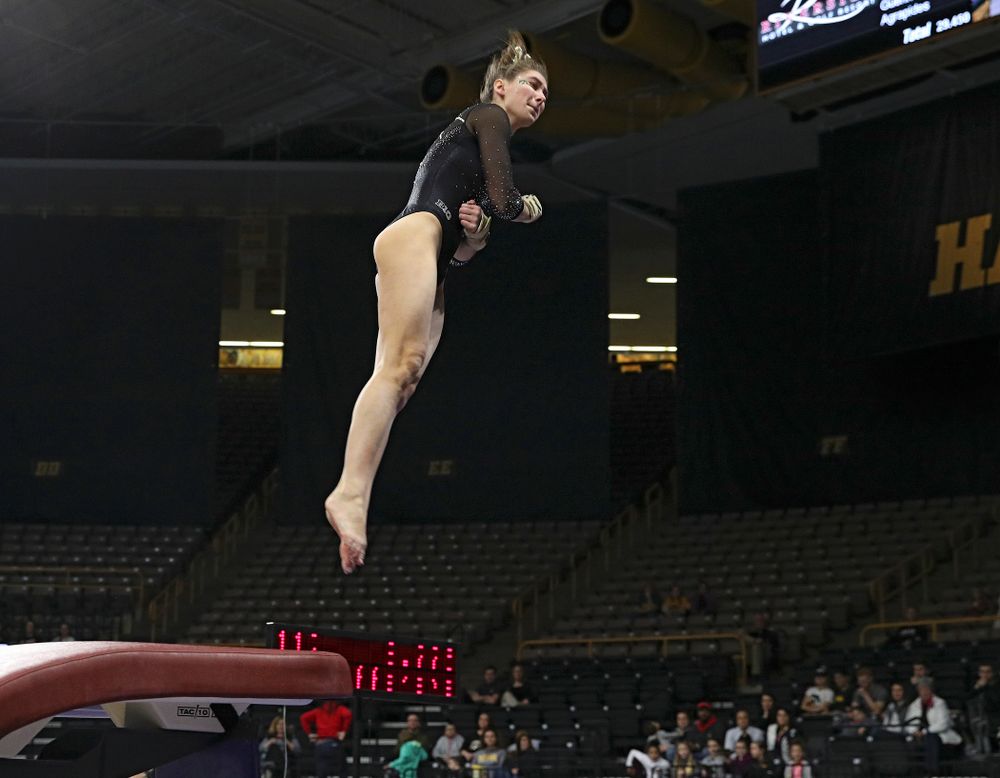 Iowa’s Bridget Killian competes on the vault during their meet at Carver-Hawkeye Arena in Iowa City on Sunday, March 8, 2020. (Stephen Mally/hawkeyesports.com)