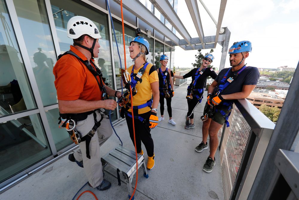 Iowa Women's Basketball head coach Lisa Bluder goes Over The Edge to benefit Ronald McDonald House Charities of Eastern Iowa and Western Illinois Friday, September 14, 2018 in downtown Iowa City.(Brian Ray/hawkeyesports.com)