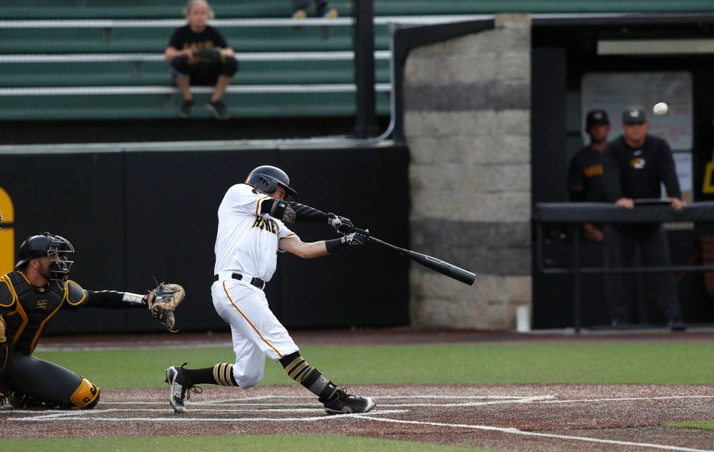 Iowa Hawkeyes infielder Mitchell Boe (4) hits a home run against the Missouri Tigers Tuesday, May 1, 2018 at Duane Banks Field. (Brian Ray/hawkeyesports.com)
