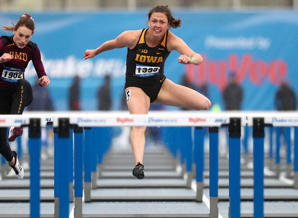 Iowa's Jenny Kimbro runs the women's 100 meter hurdles event during the third day of the Drake Relays at Drake Stadium in Des Moines on Saturday, Apr. 27, 2019. (Stephen Mally/hawkeyesports.com)