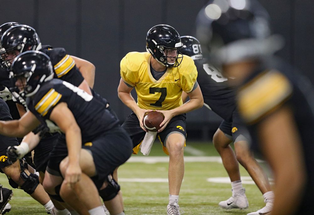 Iowa Hawkeyes quarterback Spencer Petras (7) takes a snap during Fall Camp Practice No. 9 at the Hansen Football Performance Center in Iowa City on Monday, Aug 12, 2019. (Stephen Mally/hawkeyesports.com)