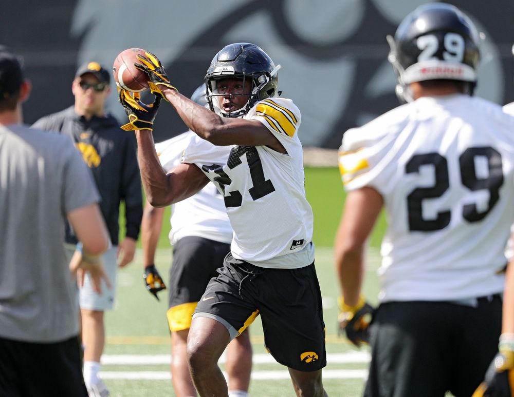 Iowa Hawkeyes defensive back Jermari Harris (27) pulls in a pass as they run a drill during Fall Camp Practice No. 13 at the Hansen Football Performance Center in Iowa City on Friday, Aug 16, 2019. (Stephen Mally/hawkeyesports.com)