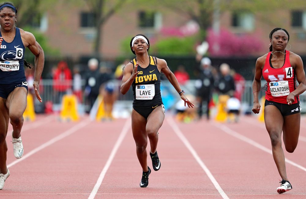 Iowa's Jada Laye runs the women’s 100 meter dash event on the second day of the Big Ten Outdoor Track and Field Championships at Francis X. Cretzmeyer Track in Iowa City on Saturday, May. 11, 2019. (Stephen Mally/hawkeyesports.com)