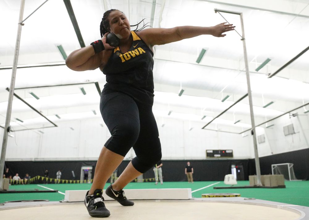 Iowa’s Ianna Roach throws in the women’s shot put event during the Larry Wieczorek Invitational at the Hawkeye Tennis and Recreation Complex in Iowa City on Friday, January 17, 2020. (Stephen Mally/hawkeyesports.com)