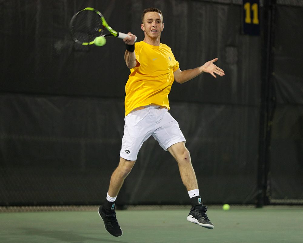 Iowa's Kareem Allaf during his match again Michigan State at the Hawkeye Tennis and Recreation Complex in Iowa City on Friday, Apr. 19, 2019. (Stephen Mally/hawkeyesports.com)