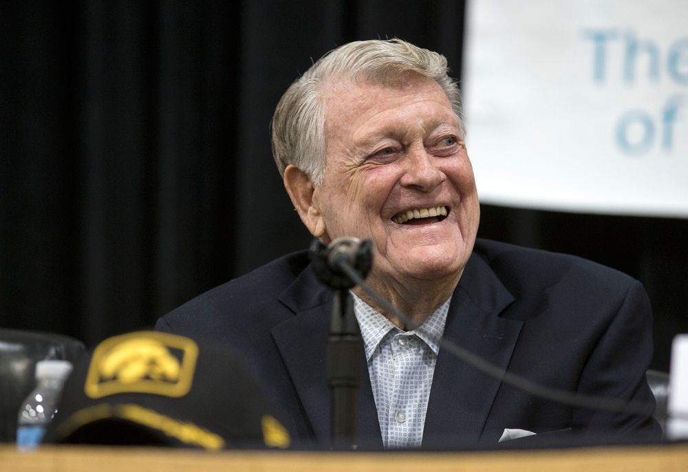 Former Hawkeye Football Head Coach Hayden Fry smiles during a panel discussion with his former quarterbacks during Fry Fest Friday, Aug. 29, 2014 in Coralville.  (Brian Ray/hawkeyesports.com)