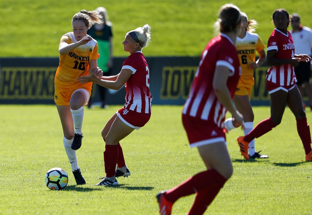 Iowa Hawkeyes midfielder Natalie Winters (10) dribbles the ball during a game against Indiana at the Iowa Soccer Complex on September 23, 2018. (Tork Mason/hawkeyesports.com)