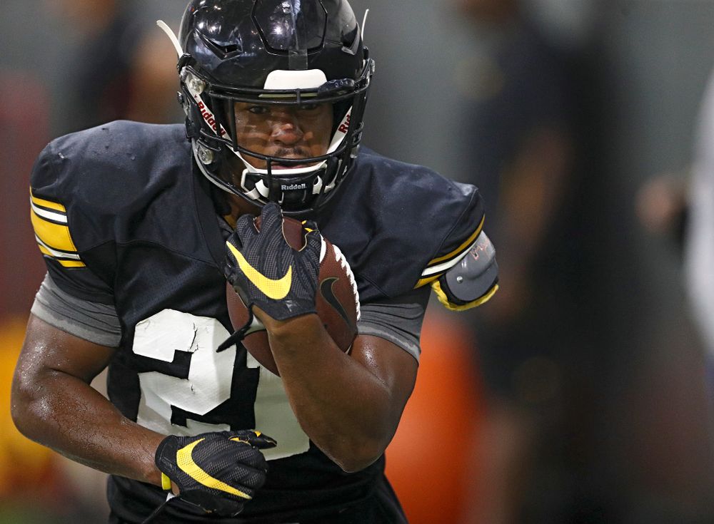 Iowa Hawkeyes running back Ivory Kelly-Martin (21) runs a drill during Fall Camp Practice No. 9 at the Hansen Football Performance Center in Iowa City on Monday, Aug 12, 2019. (Stephen Mally/hawkeyesports.com)