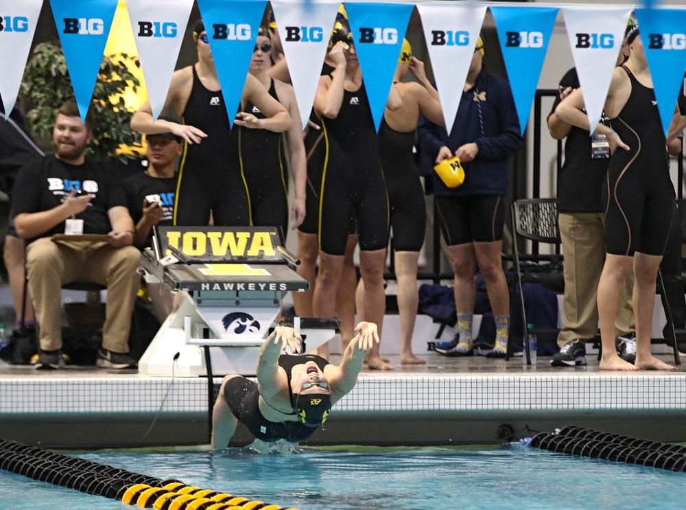 Iowa’s Emilia Sansome swims the backstroke section of the 200 yard medley relay event during the 2020 Big Ten Women’s Swimming and Diving Championships at the Campus Recreation and Wellness Center in Iowa City on Wednesday, February 19, 2020. (Stephen Mally/hawkeyesports.com)