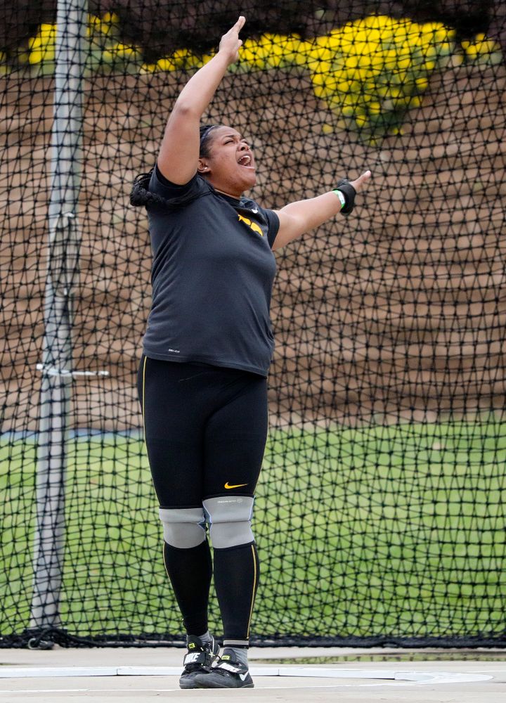 Iowa's Laulauga Tausaga throws during the women's hammer event during the third day of the Drake Relays at Drake Stadium in Des Moines on Saturday, Apr. 27, 2019. (Stephen Mally/hawkeyesports.com)
