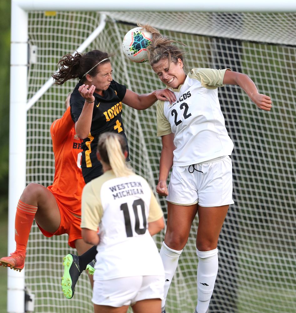 Iowa Hawkeyes forward Kaleigh Haus (4) heads the ball into the goal against Western Michigan Thursday, August 22, 2019 at the Iowa Soccer Complex. (Brian Ray/hawkeyesports.com)