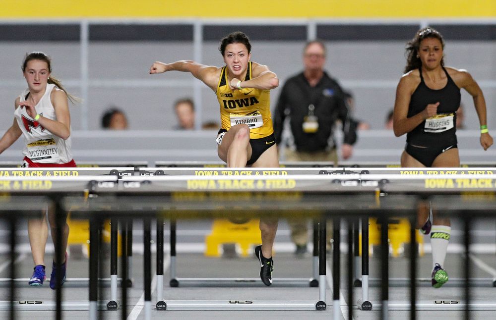 Iowa’s Jenny Kimbro competes in the women’s 60 meter hurdles prelims event during the Jimmy Grant Invitational at the Recreation Building in Iowa City on Saturday, December 14, 2019. (Stephen Mally/hawkeyesports.com)