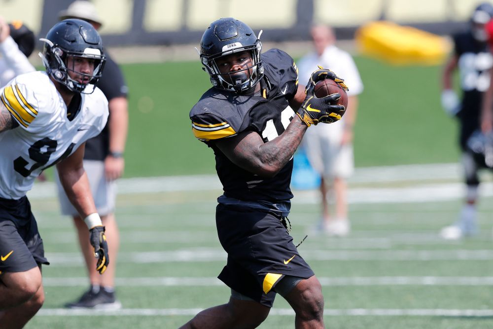 Iowa Hawkeyes running back Mekhi Sargent (10) during practice No. 7 of fall camp Friday, August 10, 2018 at the Kenyon Football Practice Facility. (Brian Ray/hawkeyesports.com)