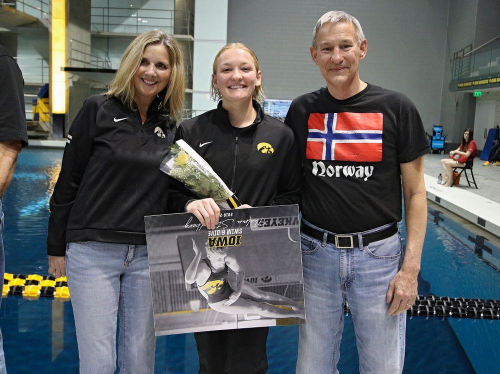 Iowa’s Thelma Strandberg is honored on senior day before their meet at the Campus Recreation and Wellness Center in Iowa City on Friday, February 7, 2020. (Stephen Mally/hawkeyesports.com)