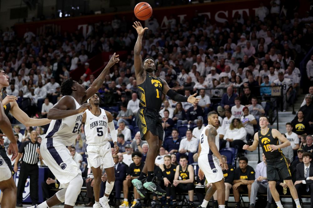 Iowa Hawkeyes guard Joe Toussaint (1) puts up a shot against Penn State Saturday, January 4, 2020 at the Palestra in Philadelphia. (Brian Ray/hawkeyesports.com)
