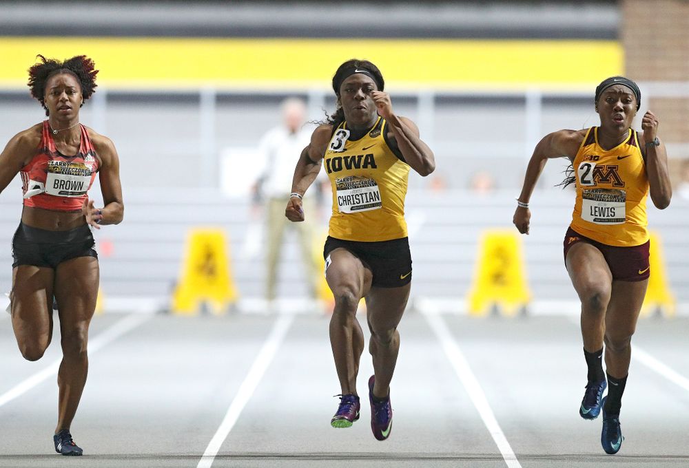 Iowa’s Antonise Christian runs the women’s 60 meter dash premier event during the Larry Wieczorek Invitational at the Recreation Building in Iowa City on Saturday, January 18, 2020. (Stephen Mally/hawkeyesports.com)