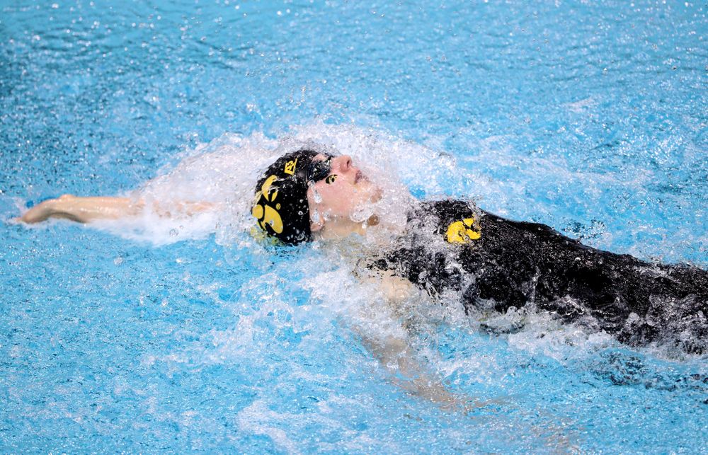 Iowa's Hannah Burvill swims the backstroke leg of the 200-yard medley relay against the Iowa State Cyclones in the Iowa Corn Cy-Hawk Series Friday, December 7, 2018 at at the Campus Recreation and Wellness Center. (Brian Ray/hawkeyesports.com)