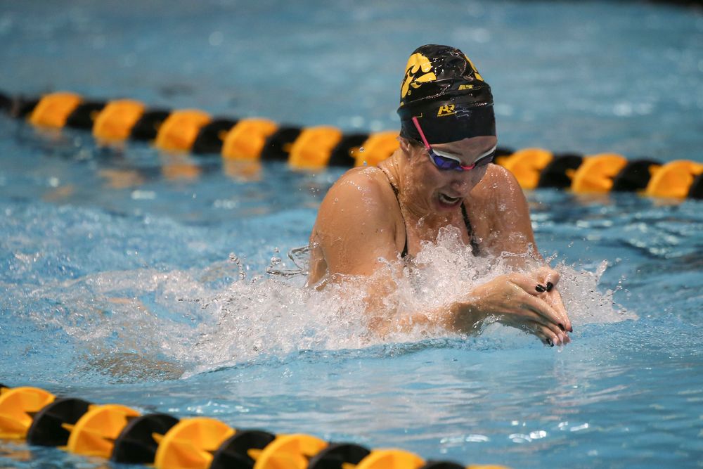 Iowa’s Zoe Mekus swims the 100-yard breaststroke during the Iowa swimming and diving meet vs Notre Dame and Illinois on Saturday, January 11, 2020 at the Campus Recreation and Wellness Center. (Lily Smith/hawkeyesports.com)