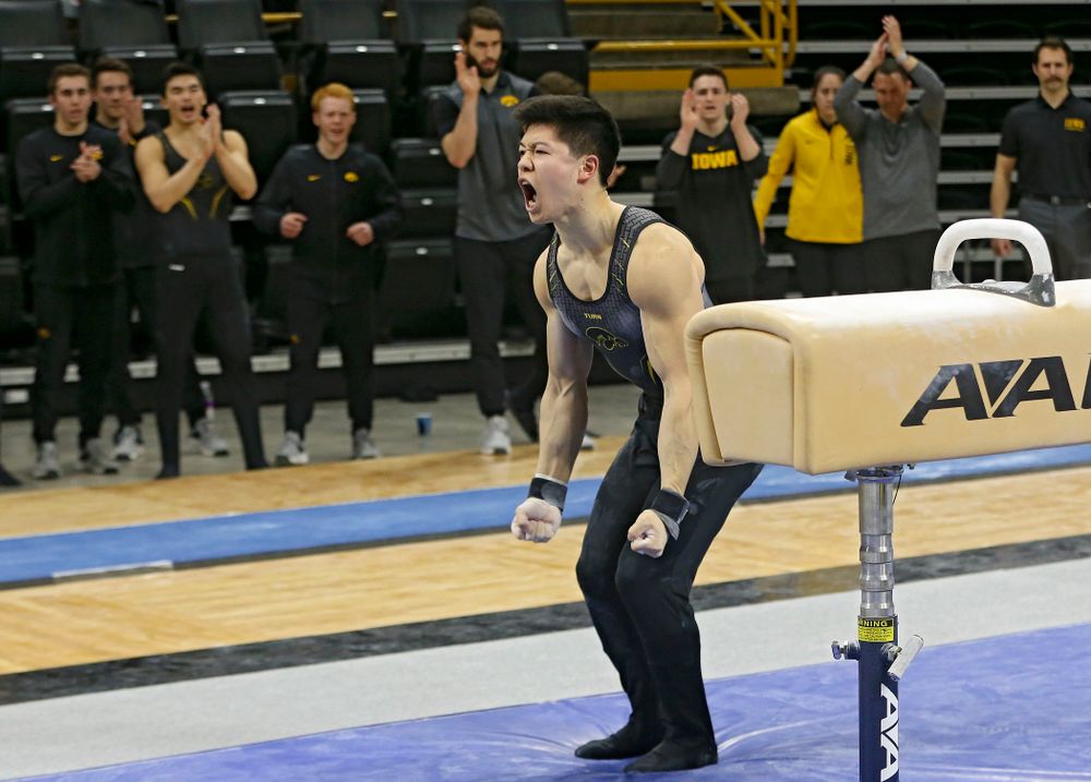 Iowa's Bennet Huang competes in the pommel horse against Ohio State at Caver-Hawkeye Arena in Iowa City on Saturday, Mar. 16, 2019. (Stephen Mally for HawkeyeSports.com)