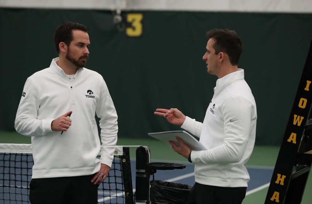 Iowa Hawkeyes head coach Ross Wilson and assistant coach Joey Manilla against the Butler Bulldogs Sunday, January 27, 2019 at the Hawkeye Tennis and Recreation Complex. (Brian Ray/hawkeyesports.com)