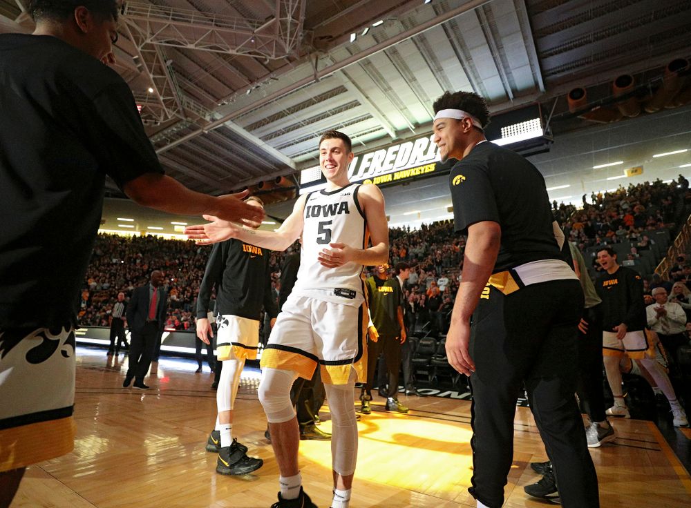 Iowa Hawkeyes guard CJ Fredrick (5) is introduced before the game at Carver-Hawkeye Arena in Iowa City on Sunday, December 29, 2019. (Stephen Mally/hawkeyesports.com)