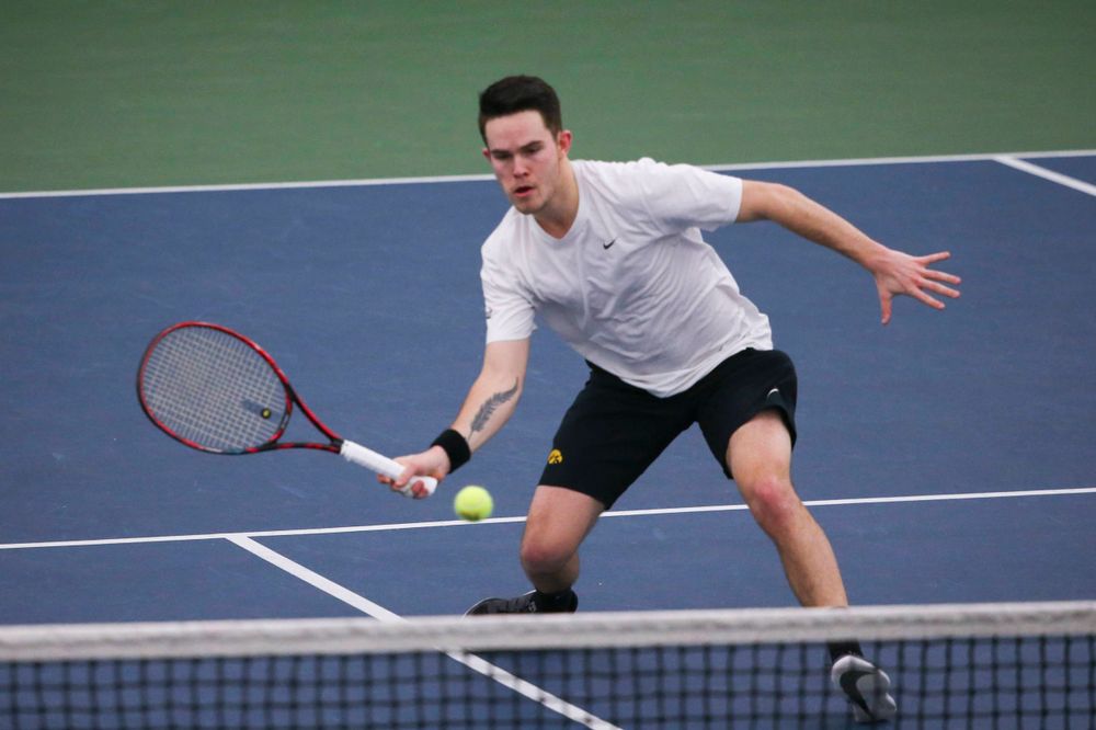 Iowa's Jonas Larsen at a tennis match vs Drake  Friday, March 8, 2019 at the Hawkeye Tennis and Recreation Complex. (Lily Smith/hawkeyesports.com)
