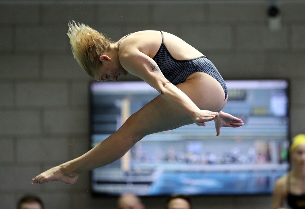 IowaÕs Thelma Strandberg competes on the 1-meter springboard against the Michigan Wolverines Friday, November 1, 2019 at the Campus Recreation and Wellness Center. (Brian Ray/hawkeyesports.com)