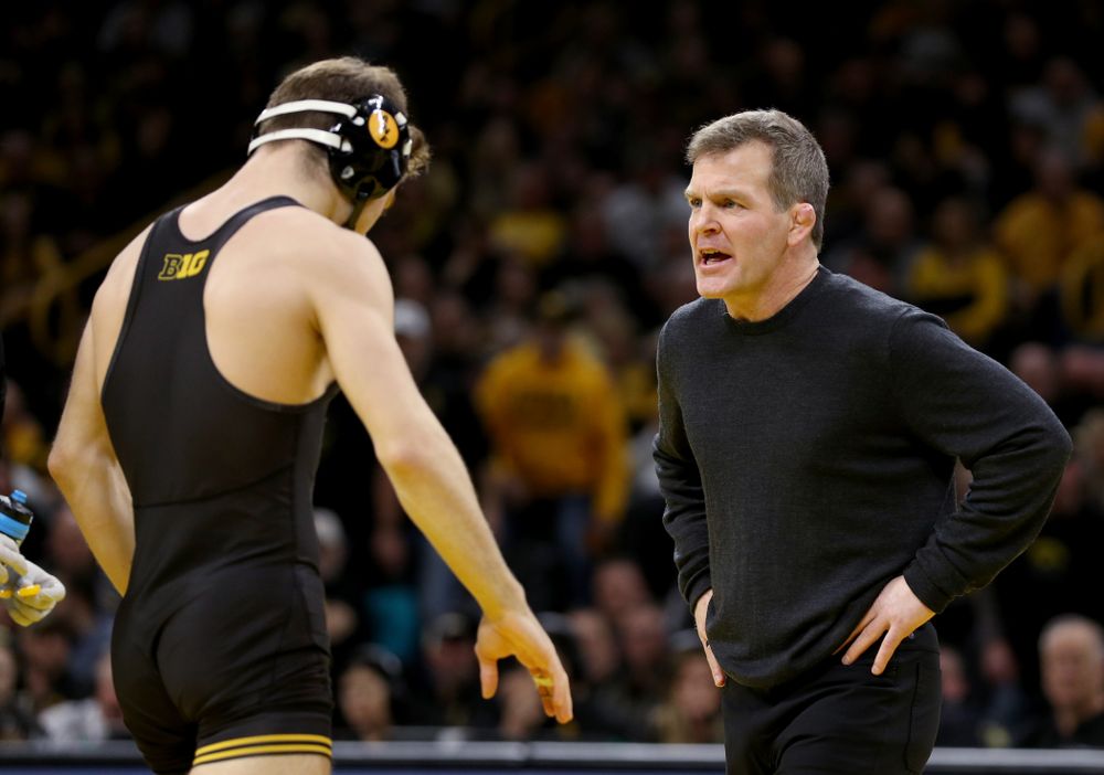 Associate Head Coach Terry Brands as Iowa’s Austin DeSanto wrestles Penn State’s Roman Bravo-Young at 133 pounds Friday, January 31, 2020 at Carver-Hawkeye Arena. DeSanto Injury defaulted. (Brian Ray/hawkeyesports.com)