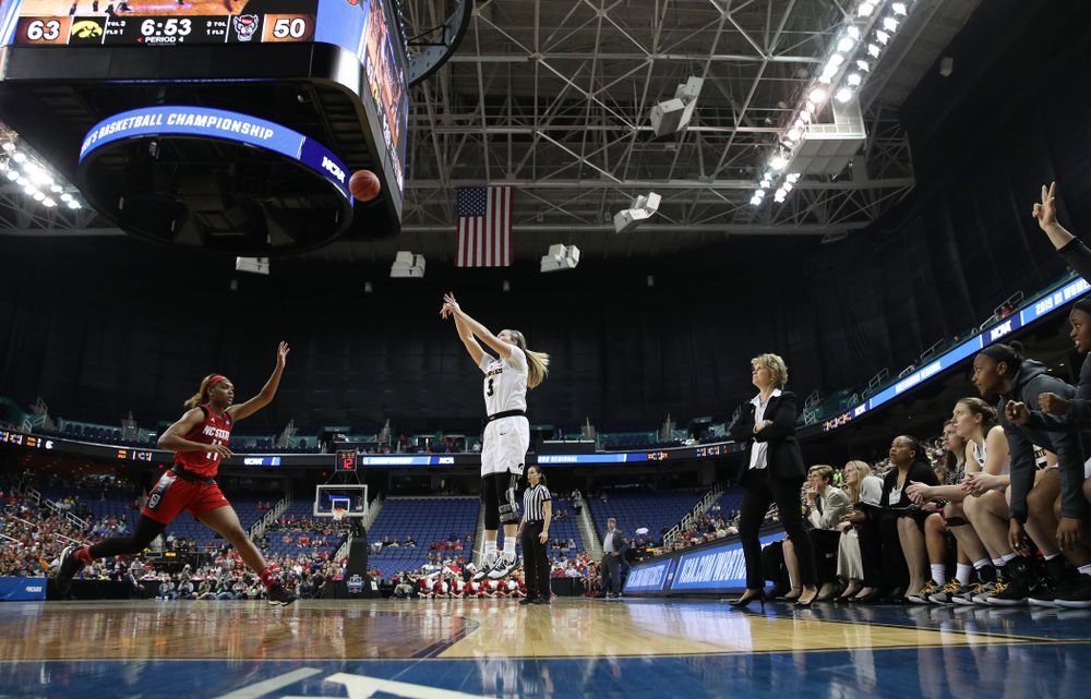 Iowa Hawkeyes guard Makenzie Meyer (3) against the NC State Wolfpack in the regional semi-final of the 2019 NCAA Women's College Basketball Tournament Saturday, March 30, 2019 at Greensboro Coliseum in Greensboro, NC.(Brian Ray/hawkeyesports.com)