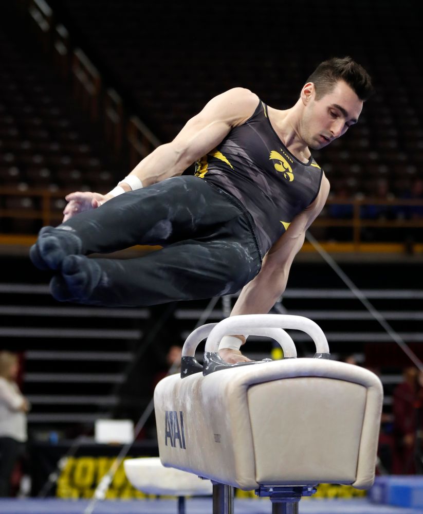 Austin Hodges competes on the pommel horse  against Minnesota and Air Force 