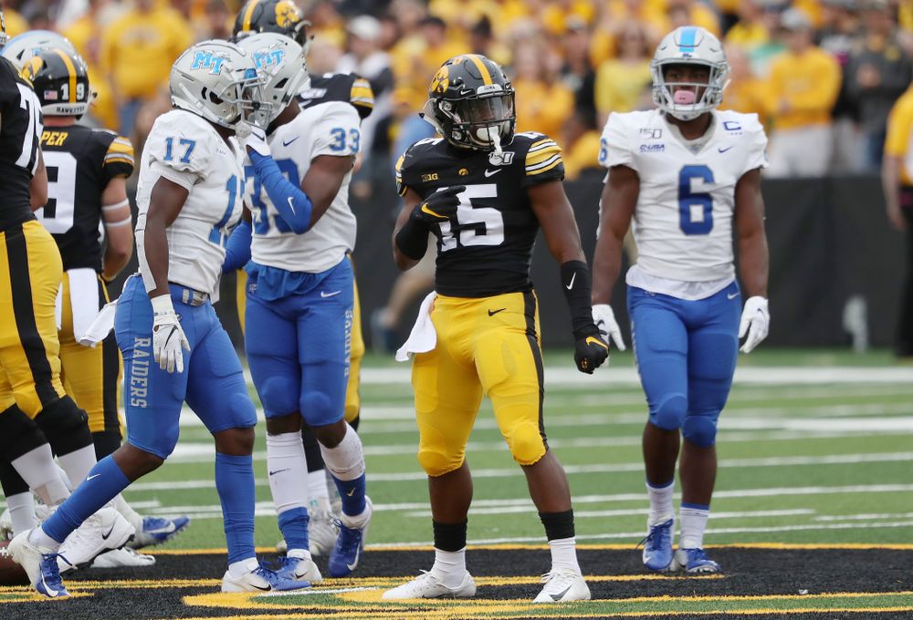 Iowa Hawkeyes running back Tyler Goodson (15) reacts after picking up a first down against Middle Tennessee State Saturday, September 28, 2019 at Kinnick Stadium. (Brian Ray/hawkeyesports.com)