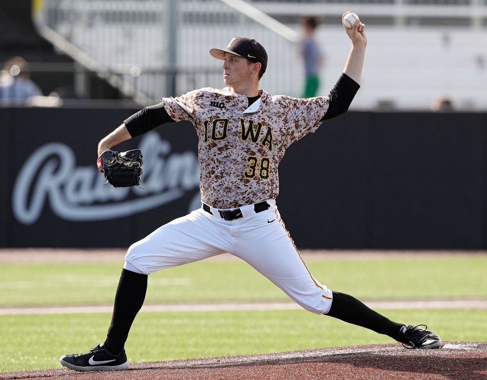 Iowa Hawkeyes pitcher Trenton Wallace (38) delivers to the plate during the ninth inning of their game against UC Irvine at Duane Banks Field in Iowa City on Sunday, May. 5, 2019. (Stephen Mally/hawkeyesports.com)