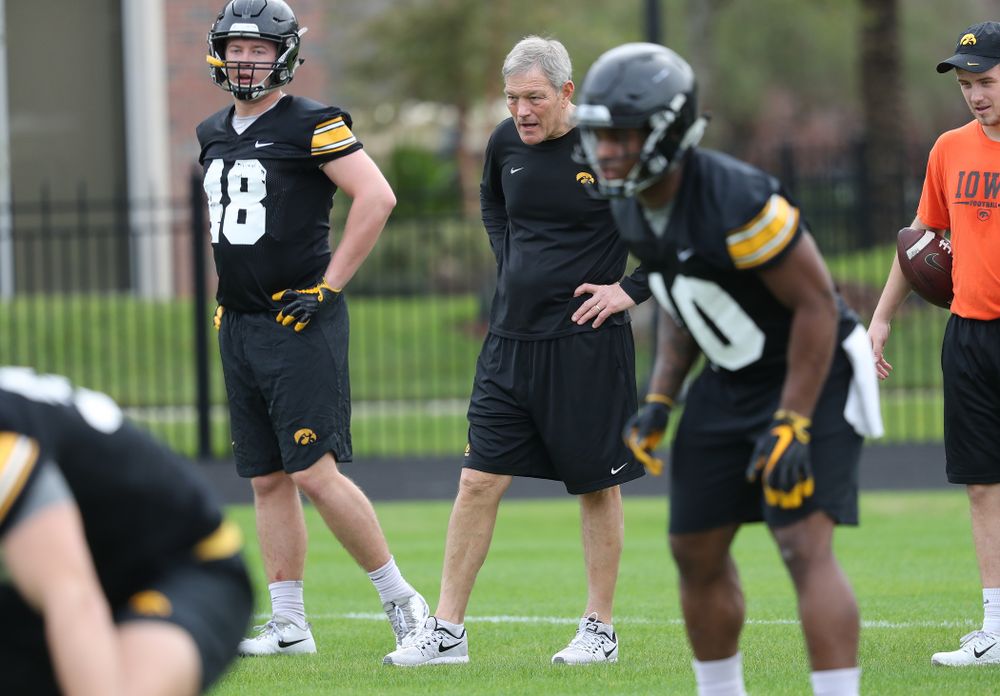 Iowa Hawkeyes head coach Kirk Ferentz during the team's first Outback Bowl Practice in Florida Thursday, December 27, 2018 at Tampa University. (Brian Ray/hawkeyesports.com)