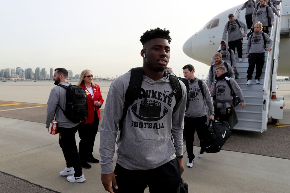 Iowa Hawkeyes running back Tyler Goodson (15) after arriving in San Diego, CA Saturday, December 21, 2019 for the Holiday Bowl. (Brian Ray/hawkeyesports.com)