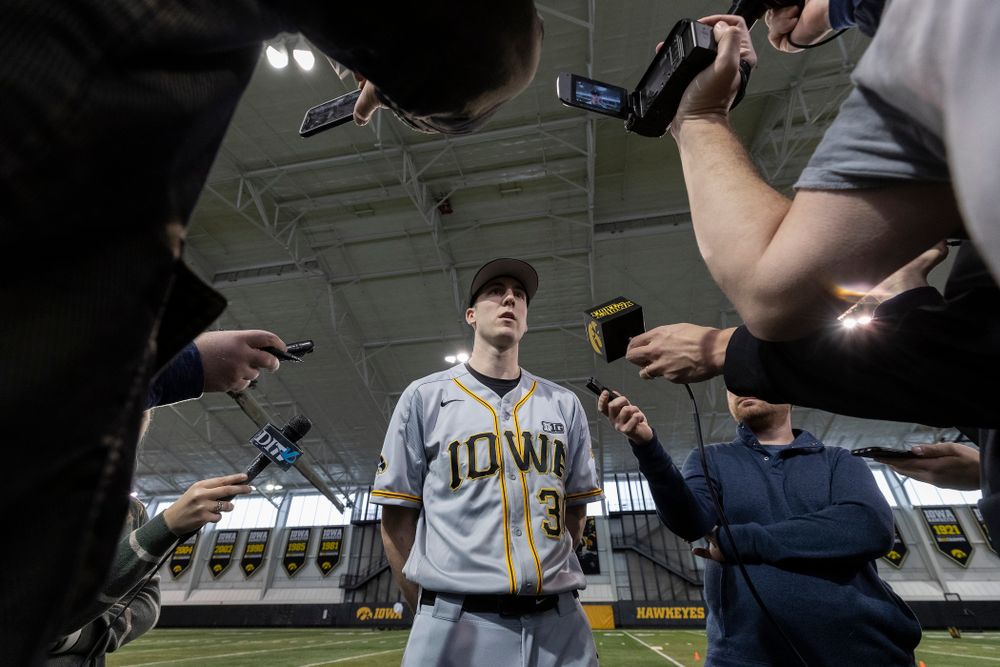 Iowa Hawkeyes Connor McCaffery (30) answers questions from reporters during the team's annual media day Tuesday, February 5, 2019 in the Indoor Practice Facility. (Brian Ray/hawkeyesports.com)