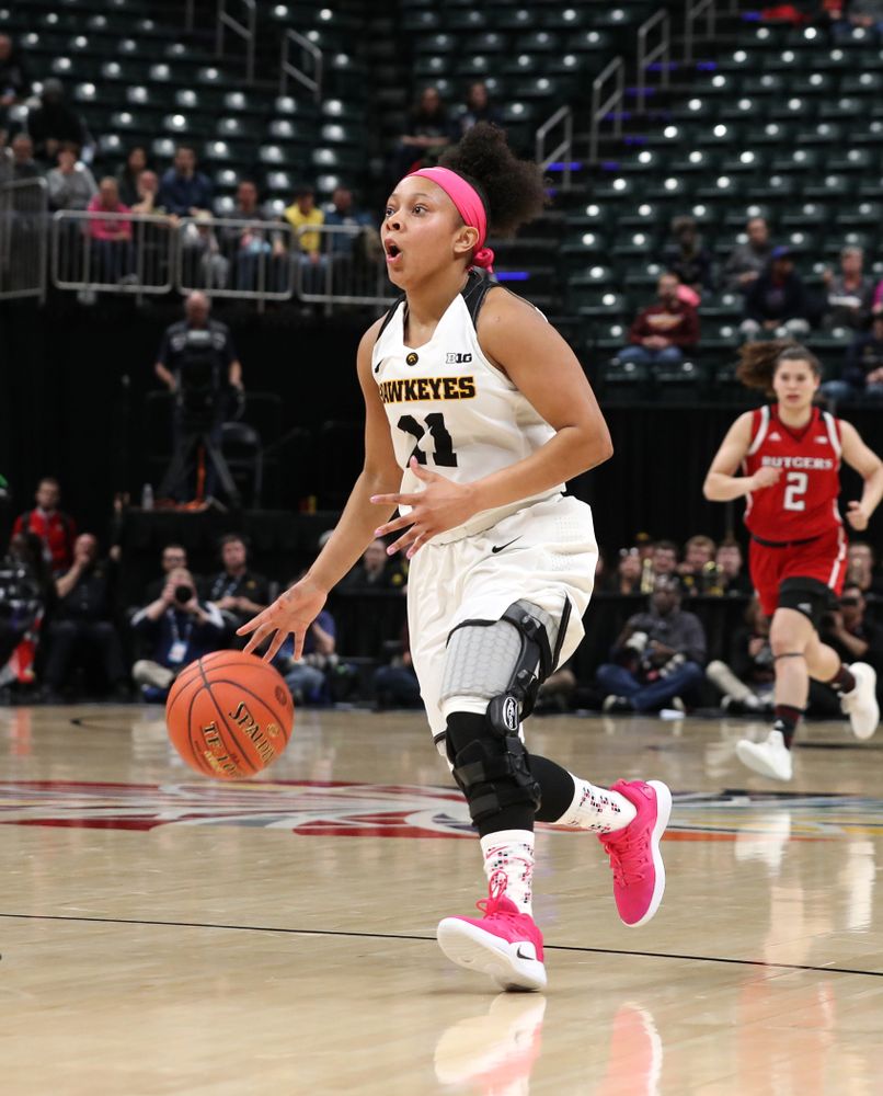Iowa Hawkeyes guard Tania Davis (11) against the Rutgers Scarlet Knights in the semi-finals of the Big Ten Tournament Saturday, March 9, 2019 at Bankers Life Fieldhouse in Indianapolis, Ind. (Brian Ray/hawkeyesports.com)
