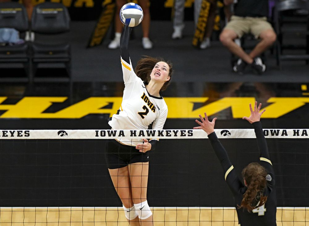 Iowa’s Courtney Buzzerio (2) goes up for a kill during the second set of their Big Ten/Pac-12 Challenge match against Colorado at Carver-Hawkeye Arena in Iowa City on Friday, Sep 6, 2019. (Stephen Mally/hawkeyesports.com)